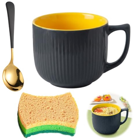 Soppskål med handtag, keramiska soppskålar med handtag och lock, 900 ml stor soppkopp för soppa, kaffekopp stor, för mikrovågsugn, diskmaskin, kök och bord (mörkgrå)