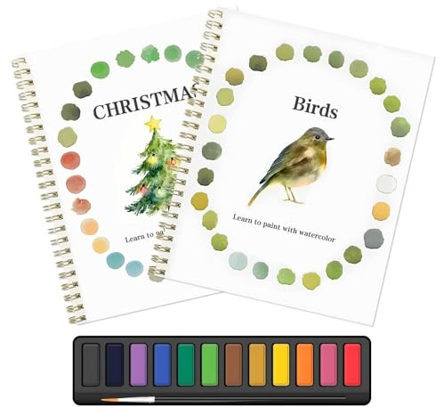 2 quaderni di lavoro ad acquerello per adulti, libro ad acquerello per principianti, set di 12 colori ad acquerello con pennello, scene naturali, kit per artigianato artistico per Natale e Capodanno
