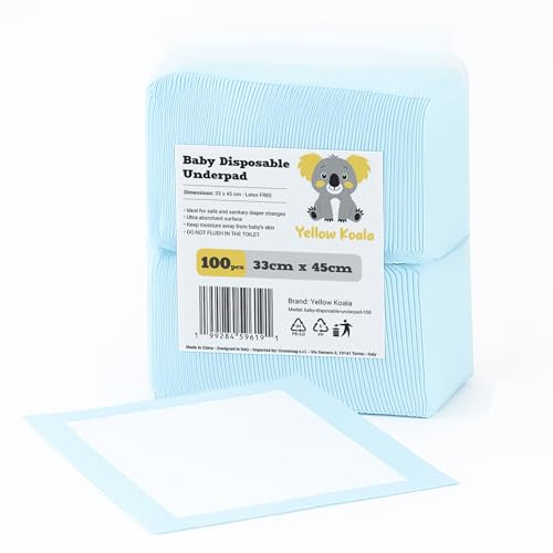 YELLOW KOALA Traversine Neonato Fasciatoio Monouso 100 Pezzi 33x45 cm – Panni Assorbenti a 6 Strati, Morbide e Impermeabili – Traversine Pannolini Usa e Getta per Fasciatoio, Incontinenza e Lettino
