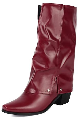 Lizoleor con Risvolto Tacco Chunky Square Toe Donna Stivali a Metà Polpaccio Concise Tacco Alto Senza Chiusura Eleganti Stivali da Equitazione Rosso Numero 44 EU/46Cn