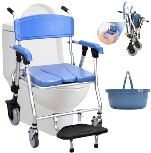 Fauteuil roulant de douche pliable mobile avec siège rembourré pour personnes âgées, chaise percée portable et chaise de toilette
