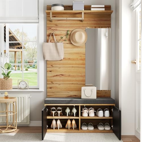 VIVCA Set di appendiabiti da 100 x 190 x 38 cm, guardaroba compatto con specchio e cuscino imbottito, armadio da corridoio, parete per soggiorno, scaffale, pannelli da corridoio e corridoio, scarpiera