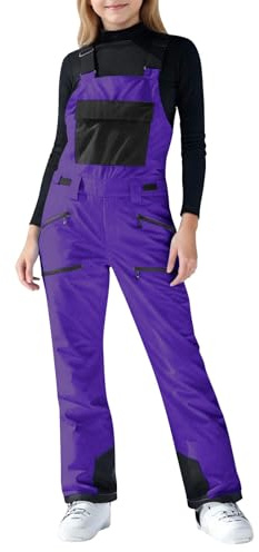 Flodxo Kids Waterproof Snow Suit Girl Ski Trousers Thick Warm Zip Up Snow Pants with Pockets Casual Children Thermal One-Piece Skiing Snowboarding Salopettes for Winter Outdoor Hiking Purple 6-7Y