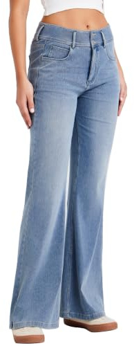 LaiEr Jeans a Gamba Larga Donne,Design con Bottoni Doppi e Verace Apertura con Zip,Gambe Dritte, vestibilità Sciolta,Jeans Casual Molto Elastici.(Blu Medio Chiaro vintageL)