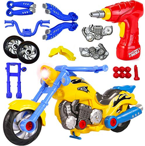 Take Apart Toy Vehicles with Electric Power Drill, Sounds & Lights – Build Your Own STEM Construction Kits for Kids Ages 3-5 (Motorcycle)