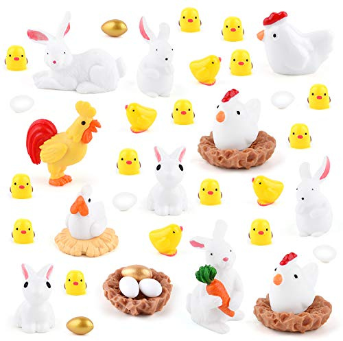 TUPARKA 40Pcs Figurines Miniatures d'animaux, Figurines Miniatures de Lapin de Pâques, Figurines de Poulet, Coq, Poule, Oeuf, Ornements de nid de Poulet pour Décoration de fête de Pâques