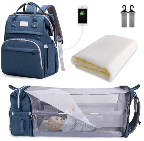 SNDMOR Sac à Langer pour Bébé Sac à Dos, Sacs à Langer Grande Capacité, Sac à Langer de Voyage Portable Avec Lit Pliable, Sac à Dos pour Lit Bébé (Bleu Foncé)