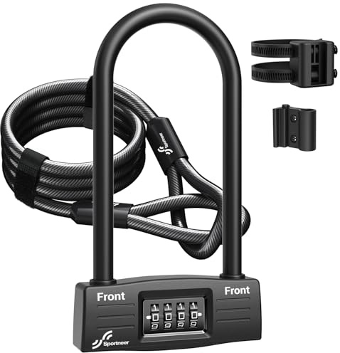 Sportneer Bike Lock Set, Heavy Duty D Lock 4-Digit Resettable Combination with 5 Ft Security Steel Cable Mounting Bracket for Road Bike, Electric Bike, Mountain Bike, Folding Bike, Door