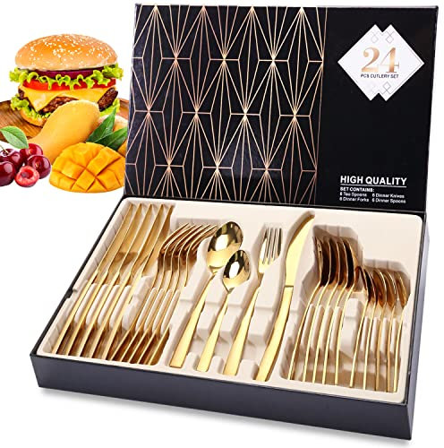 Golden 24tlg Besteck Set, Edelstahl Besteckset für 6 Personen mit Geschenkbox, Messer und Gabel Set, Tafelbesteck, Geschenkset Polieren von Spiegeln und Spülmaschinenfest