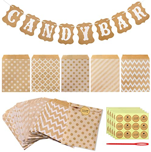 Candy Bar Banner Bandiera Candy Bar con 50 Pezzi Sacchetti Carta Kraft per caramelle, decorazioni per matrimoni, compleanni e feste