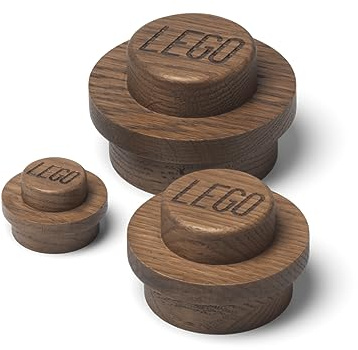 Lego Home Dark Wooden Wall Hanger Set - 3 Pieces in Oak | Functional Coat Hangers & Decorative Home Accessories | Wall Hooks in 3 Sizes