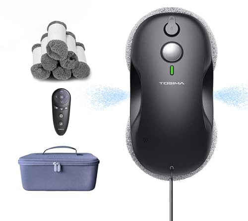 Tosima W3 Window Cleaning Robot - Dual Direction Auto-Spray Smart Window Cleaner with Triple Safety System, Smart Navigation, Remote Control, for All Smooth Surfaces, with 12 Rags, Black