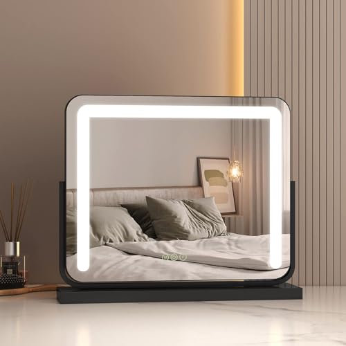 EMKE Hollywood Spiegel mit 3 Lichtfarben, 50x42cm Schminkspiegel mit Beleuchtung, Schminktisch Spiegel, kann aufgehängt Werden Kosmetikspiegel Einstellbare Helligkeit 50x42cm (Schwarz)