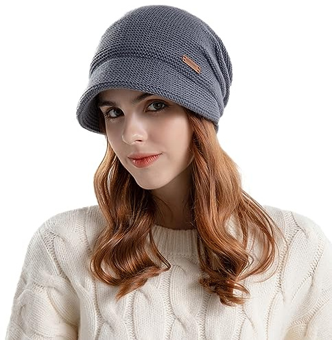 Winter Womens Slouchy Knit Beanie Hat Wide Brim Beret Hat Soft Fleece Liner Crochet Skull Cap Visor Beanie Newsboy Hats Outdoor Winter Ski Hats for Ladies Girls Chunky Cap Warm Chemo Hats for Hair