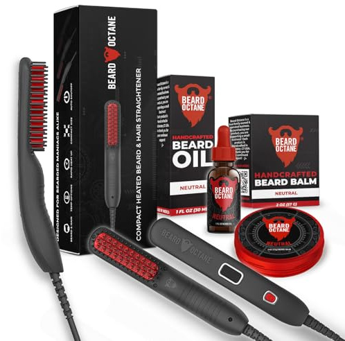 Beard Straightener for Men (Corded) – Ceramic Heated Brush Kit with Beard Oil & Unscented Beard Balm – Smooths & Styles Beards – Beard Octane