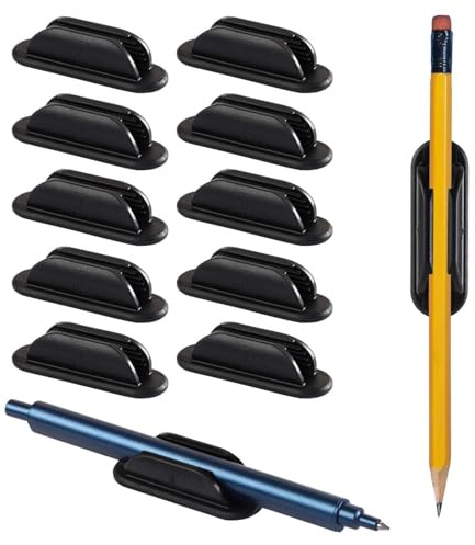 Tiizze 10 Pack Adhesive Pencil Holder for Desk, Silicone Pen Holder for Wall, Clipboard & Laptop with 15 Upgraded Sticky Pads, Rugged Grip Pencil Holders for Classroom Teacher Essentials (Black)