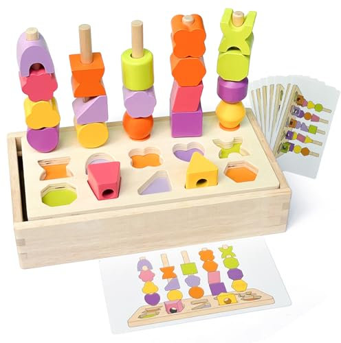 Goujfol Steckspiel Holz, Montessori Spielzeug Sortierspiel für Kinder, Holz Stapelspiel Feinmotorik Motorikspielzeug Lernspiele Sortier & Stapelspielzeug Geschenk für Junge Mädchen 3 4 5 Jahre