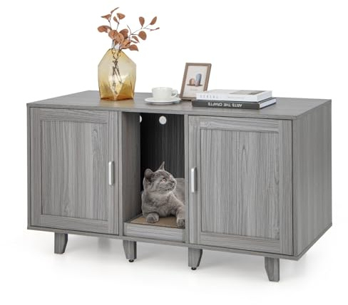 COSTWAY Cajas de Arena para Gatos, Casa de Baño Oculto para Mascota con 2 Puertas, Arenero Cubierto con Entrada Sinuosa y Tablero Rascador, Mesa Auxiliar para Gatos 120 x 52 x 65 cm (Gris Oscuro)
