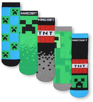 Minecraft Lot de 5 Paires de Chaussettes Montantes pour Garçons | Imprimé Creeper et TNT en Noir, Vert et Bleu | Pour Enfants Gamers