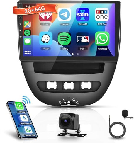 2G+64G Autoradio Android 13 per Toyota Aygo/Peugeot 107/Citroen C1 2004-2014, 10.1 HD Schermo Tactile Radio Auto co Carplay Android Auto senza Fili GPS WiFi USB Bluetooth FM RDS Telecamera Posteriore