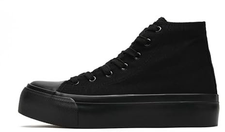 Women's Fashion Platform Trainers Ladies High Top Canvas Shoes Classic Platform Lace Up Sneakers Pumps Plimsolls Outdoor Sport Tennis Running Walking Shoes Breathable All Black
