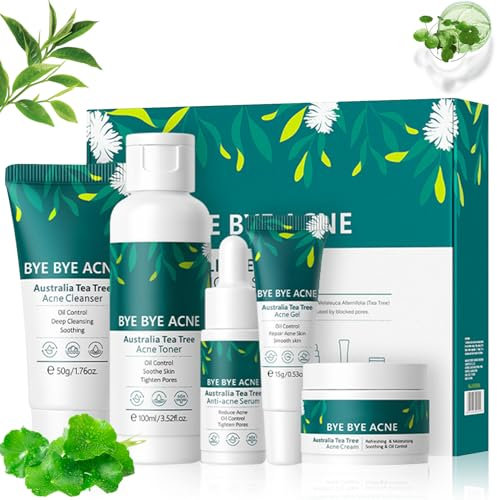Tea Tree Set per la Cura della Pelle Anti Acne Kit Completo con Crema Viso, Detergente, Tonico, Siero e Gel, per Pelle Mista, Grassa o Acneica