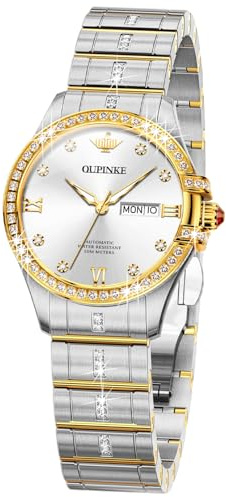 OUPINKE Automatic Watches for Women Diamond Luxury Dress Self Winding Stainless Steel Sapphire Crystal Ceramic Ladies Watches, L3195：Two tone strap&white dial