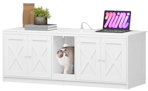 Hzuaneri Armario para Gatos, Mueble Arenero Gato con Puertos USB y Tomas de Corriente, Mueble Arenero Oculto de 140cm para 2 Gatos, Casa para Gato de Interior, Blanco CB82513W