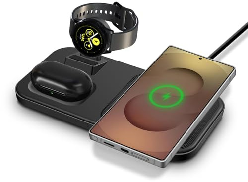 Drahtloses Ladegerät für Samsung,3 in 1 Drahtlos Ladestation für Samsung S25/S24/S23/Note 20,Smartwatch Ladung Dock für Galaxy Watch 7/6/5/Ultra/Active,Schnelles Ladeständer für Galaxy Buds,Schwarz