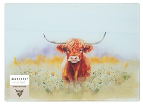 YöL Highland Cow Themed Work Top Saver - Kitchen Food Preparation Chopping Board Vegetables Meat - Durable Smooth Tempered Glass Scratch Resistant Non-Slip