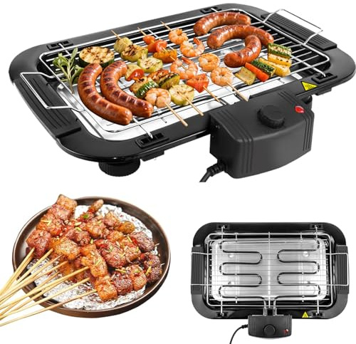 Outdoor & Indoor Electric Smokeless Table Top Grill with Drip Tray, 1500W Electric BBQ Griddle Non-Stick Barbecue Grill, Adjustable Temperature, Portable BBQ for Kitchen Dinner Party Camping Cooking