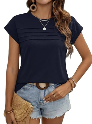 Zeagoo Camiseta Mujer Manga Corta Cuello Redondo Casual Camisetas Verano Blusa Camisas Basica T-Shirt Top Azul Marino L