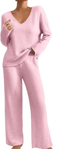 Husdräkt dam ribbad tvådelad dam stickad, loungeset vinter stickad loungewear set elegant enfärgad joggingdräkt V-ringad hemmakläder breda byxor fritid kostym med fickor fritidsoverall, ROSA, M