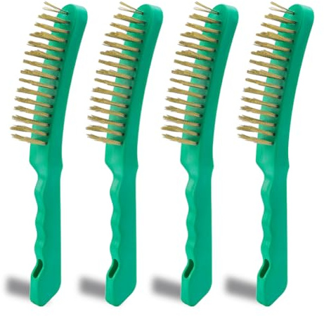 AHANDMAKER 4 pezzi filo spazzola antigraffio acciaio resistente con manico in plastica 26,5 cm rimozione saldatura polvere piegatura mano strumento per la pulizia del metallo spazzole abrasive verde