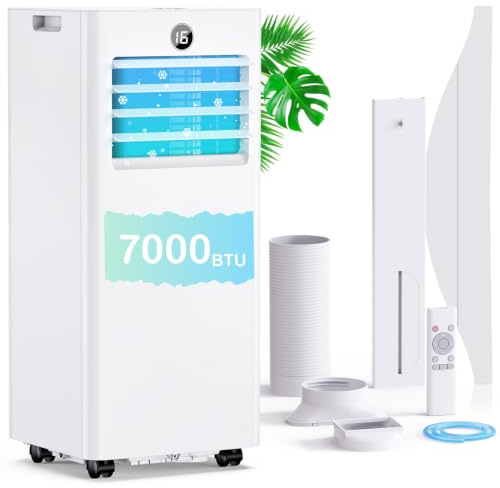 Aire Acondicionado Portátil 7000 BTU, Climatizador Silencioso 4 en 1: Refrigeración/Ventilador/Deshumidificador/Modo Sueño, Mando a Distancia, Pantalla LED, Temporizador 24h, Ruedas, con Kit Ventana