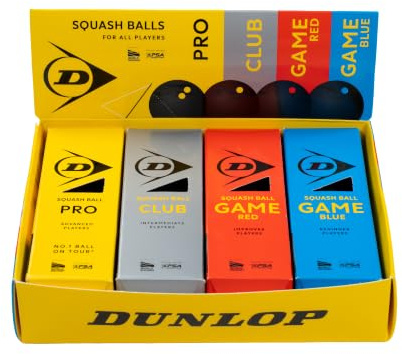 Dunlop Balles de Squash Mixed Pack Pro, Club & Game, 12 balles | Assortiment mixte | Balles Pro, Club, Game Red & Game Blue | Pack de 12