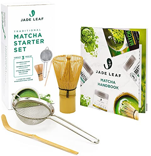 Jade Leaf Matcha - Traditional Starter Set - Japanese Matcha Gift Set Includes: Bamboo Whisk (Chasen), Scoop (Chashaku), Stainless Steel Sifter, Fully Printed Handbook