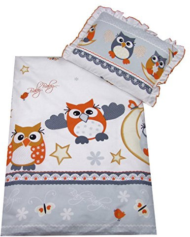 Rawstyle 4 tlg. Babybettwäsche Set **37 MOTIVE** Garnitur Kinderbettwäsche Bettwäsche **Decke + Kissen + Füllung** (Eulen Grau/Orange)
