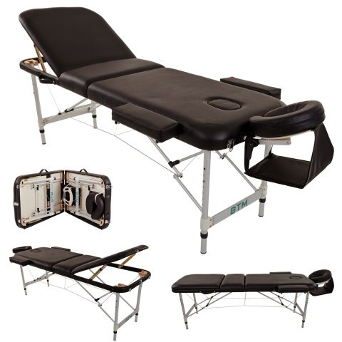 BTM Massage Table Couch Bed Professional Tattoo SPA Reiki Portable Folded 3 Section with Premium PU Leather and 5 cm High Density Multi-Layer Foam Headrest Arm Support and Carrying Bag Black (White)