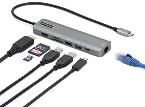 StarTech.com 7-in-1 USB-C Hub, Extra Long Cable Multiport Adapter with Gigabit Ethernet, 4K 60Hz HDMI, Gigabit Ethernet, SD/microSD and 100W Charging for MacBook Pro / Air and Windows