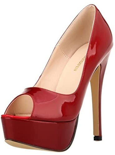 QIANKUN Sexy Open Toe Platform Women High Heels Super High Patent Leather High Heels Shoes Red Wedding Stilettos-Wine red,39