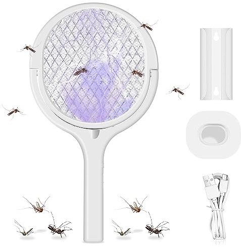 GiReich Rotierender Kopf USB Wiederaufladbar Elektrische Fliegenklatsche, 5 in 1 Fliegenfänger Elektro Mückenklatsche und UV Mückenlampe, für Mücken, Fliegen, Motten, Insekten