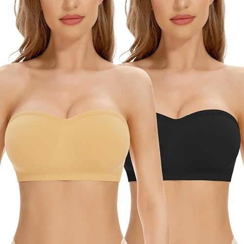 Cavotor Strapless Push Up Bra for Women Bandeau Bra Padded Stay Up Non-Slip Silicone Supportive Strapless Bras for Bigger Bust Non Wired Comfort Bralette