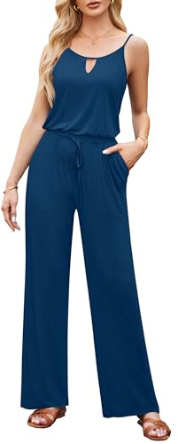 OUGES Women's Summer Jumpsuits UK Sleeveless Overall Long Pants Suit Casual Playsuit with Pockets, XL Peacock Blue