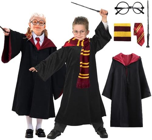 Luclay Costume da Mago per Bambini, 5 Pezzi, Unisex, per Halloween, Mago, Bacchetta, Cravatta, Sciarpa, Occhiali, Costume per Cosplay, Giornata Mondiale del Libro