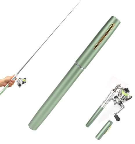 Combinazioni di canna da pesca e mulinello a forma di mini penna, canna da pesca retrattile tascabile a forma di mini penna portatile con ruota per mulinello per la pesca (Verde)