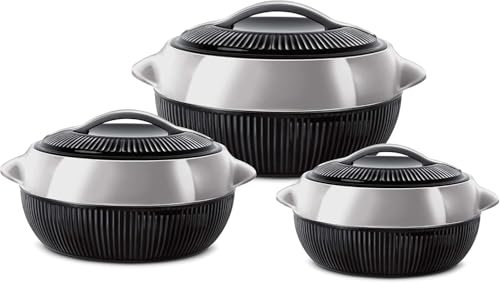 SK Cookware - 3PC Hot Pot Food Warmer Container Hot Food Insulated Food Container Serving Dishes with Lids - 1-1.5-2.5L (Black-Silver)