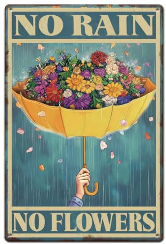 SUPERDANT Umbrella and Flowers Metal Signs No Rain No Flowers Tin Sign Botanical Wall Plaque Iron Poster for Home Living Room Garden Man Cave Bar Pub Vintage Decor