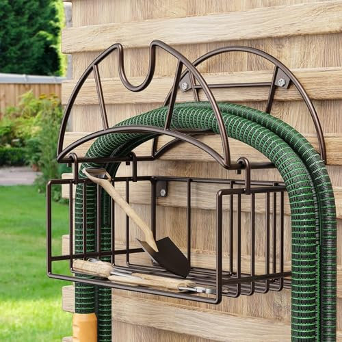 Garden Hose Holder,Water Hose Holder Wall Mount,Heavy Duty Metal Hose Hanger with Tool Storage Basket,Outdoor Hose Stands for Outside Garden Yard Garage