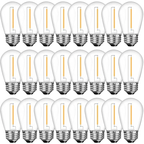 GvvooHome Paquete de 24 bombillas LED irrompibles S14 de repuesto, para cadena de luces al aire libre, 1 W equivalente a bombilla incandescente de 11 W, blanco suave 2200 K, regulable, base de rosca